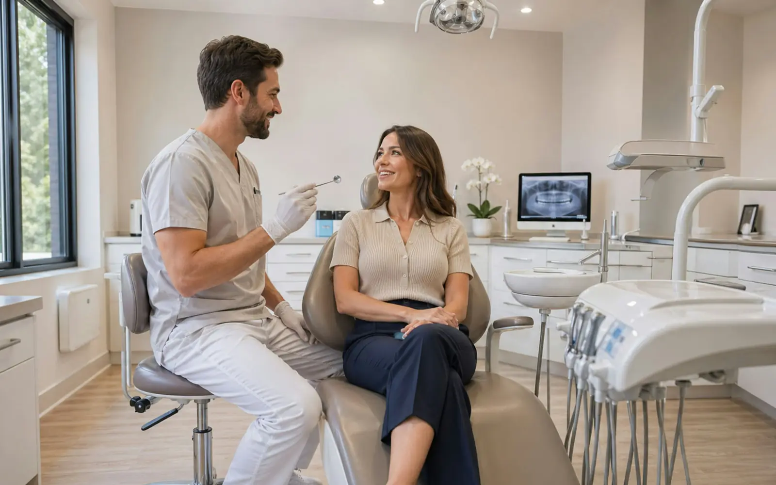 A dentist talks with a smiling patient seated in the chair of a bright, modern dental clinic.