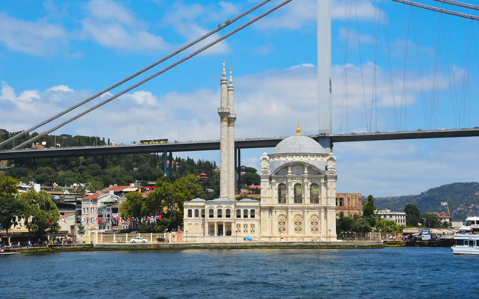 The Ortaköy Mosque on the Bosphorus waterfront in Istanbul, with the Bosphorus Bridge behind it.