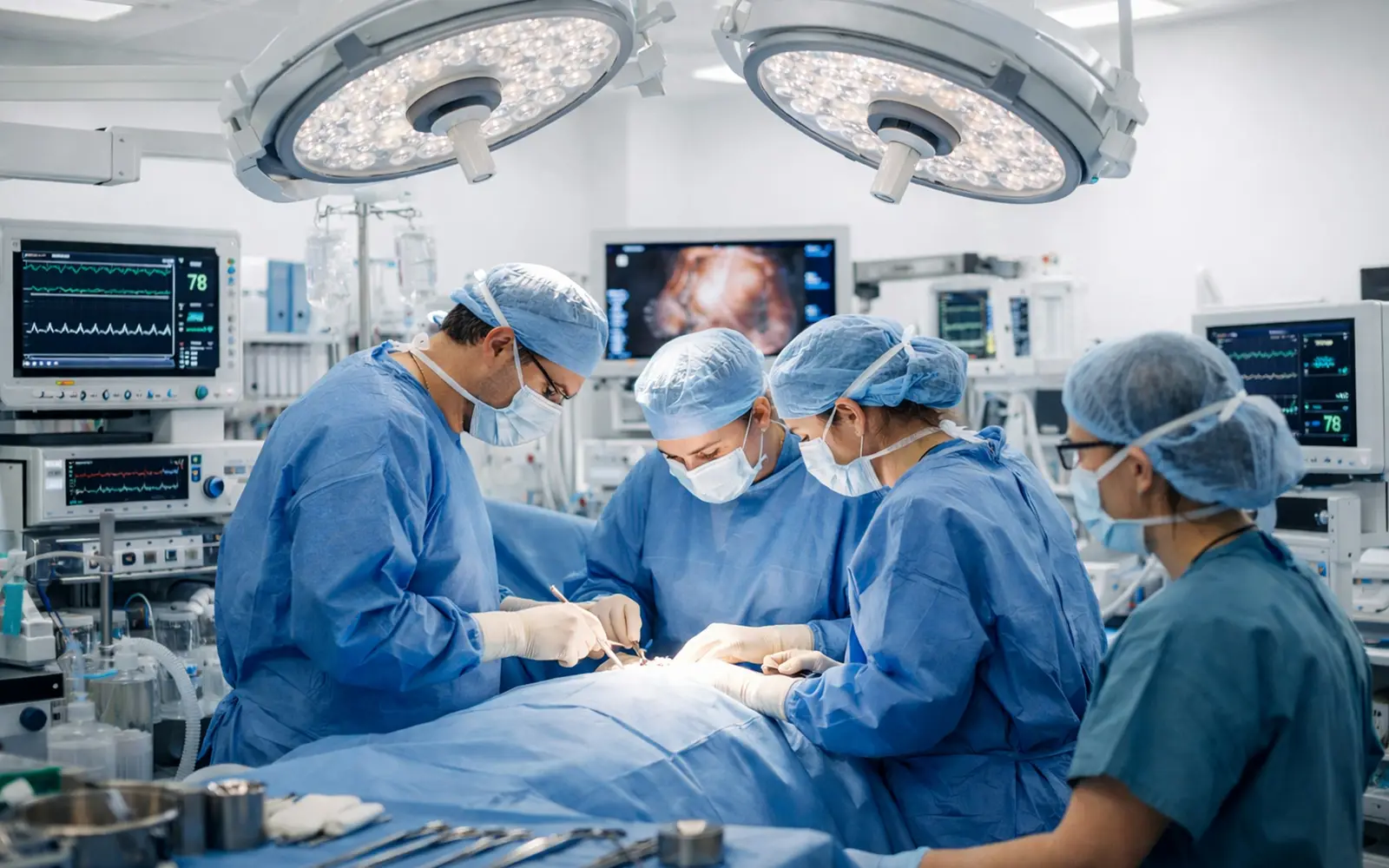 A surgical team in blue gowns and caps operating under bright theatre lights, with monitors in the background.