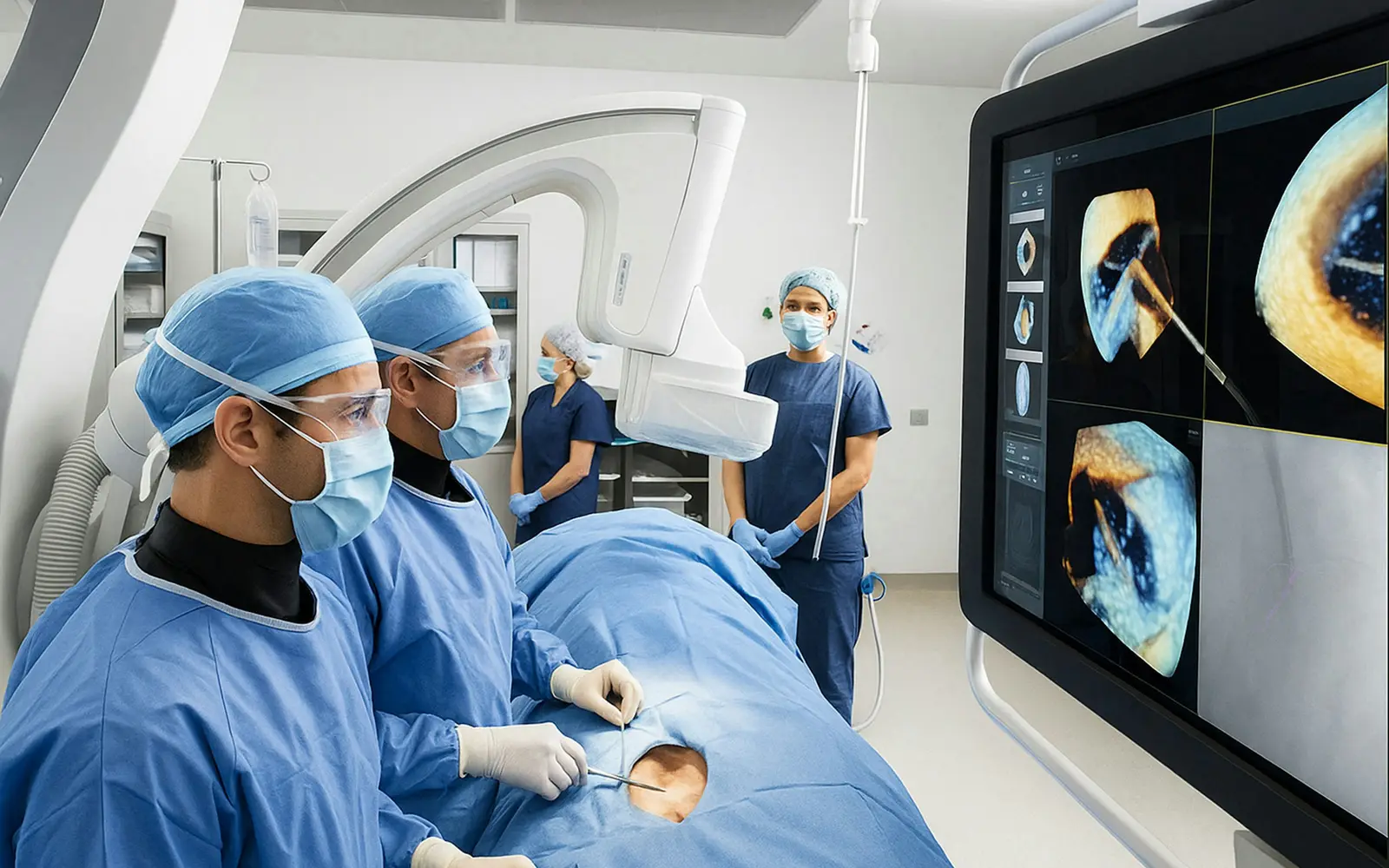 Two masked clinicians watch a large screen showing images of the heart during a procedure in a hybrid operating room.