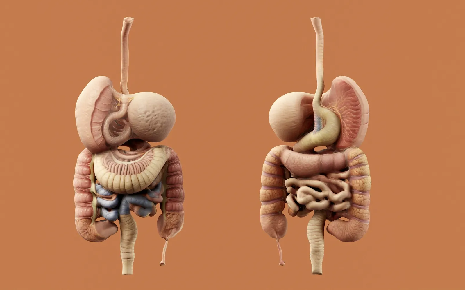 Two three-dimensional models of the human digestive system, seen from the front and the back, on an orange background.